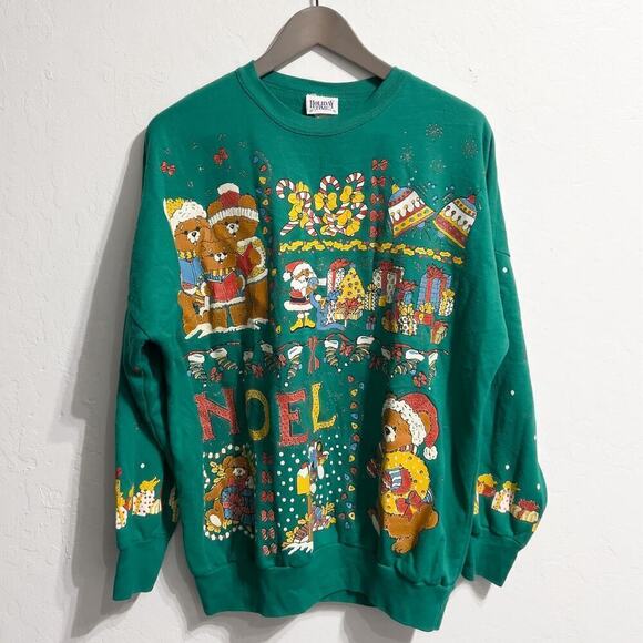 Vintage Holiday Time Sweatshirt Womens Medium Crew Green Christmas Ugly Santa - Picture 1 of 7